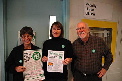 Campaigners Maureen Wall, Martha Josephian and John Huot stand in front of H 109, Humber’s union office.