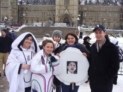HSF president Mike Berg, right, stands on Parliament Hill with Natasha Mablick, second from right, and her Nunavut Sivuniksavut classmates. They were joined by nearly 2,500 people hoping to catch a glimpse of Barack Obama during his first foreign pre HSF president Mike Berg, right, stands on Parliament Hill with Natasha Mablick, second from right, and her Nunavut Sivuniksavut classmates. They were joined by nearly 2,500 people hoping to catch a glimpse of Barack Obama during his first foreign pre