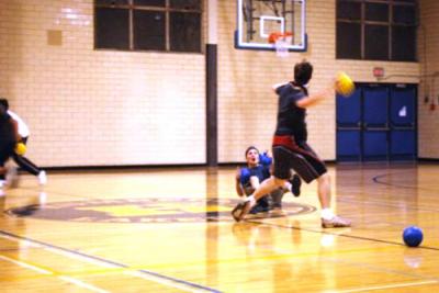 A dodgeballer takes aim during a game at Lakeshore campus.